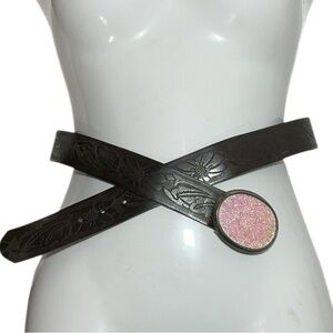 Italian Leather Belt Floral Embossed Western Design Glitter Buckle
